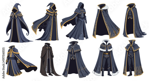 Assorted collection of elaborate fantasy wizard, mage, or warlock robes and cloaks with intricate gold embroidery and fur trim details.