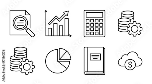 Business  Finance Analytics Line Icons Growth with Data, Management, and Cloud.