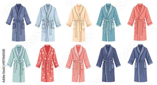 Extensive set of soft bathrobes in many colors and patterns for home comfort spa relaxation and morning routine care.