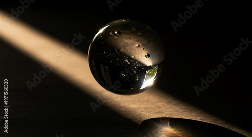 A glass marble illuminated by a beam of light on a dark surface