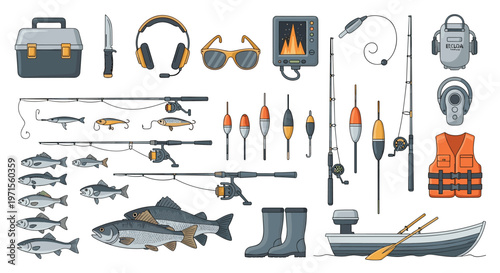 Comprehensive collection of fishing equipment including rods reels lures boat and various fish species for outdoor hobby.