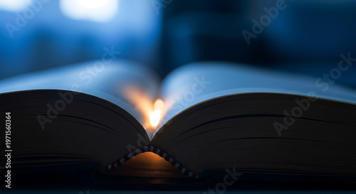 Open book with glowing light between pages in a dark room