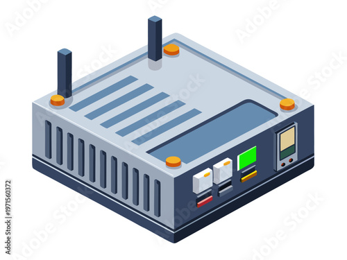 Modern server rack with multiple network devices and antennas installed