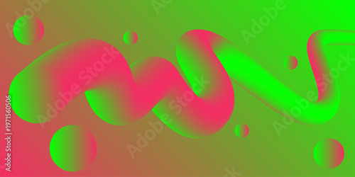 Abstract 3D liquid wavy shape with vibrant neon pink and lime green gradient on a matching background. Modern futuristic vector illustration with floating spheres and fluid motion for posters, banners