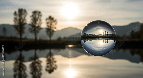 Crystal ball photography of a serene sunset landscape with trees