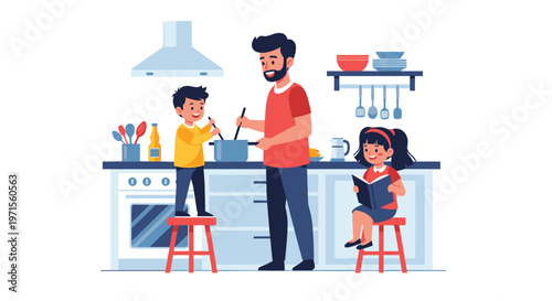 Happy father cooking in the kitchen with his two young children helping and reading a book together at home for family.