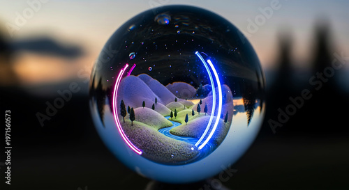 A surreal landscape inside a glass crystal ball at sunset