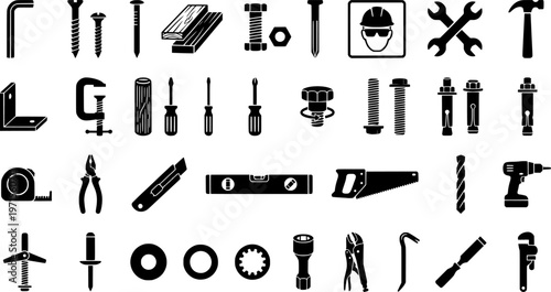 Set of line art tools and fasteners for construction and diy projects
