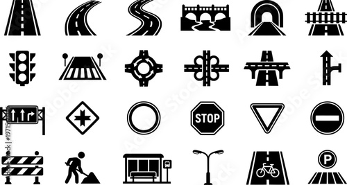 Set of nine black traffic and roadway symbols including signs and structures
