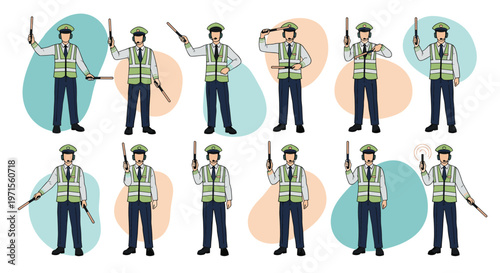 Professional traffic police officer set performing various hand signal commands with a baton and reflective safety vest.