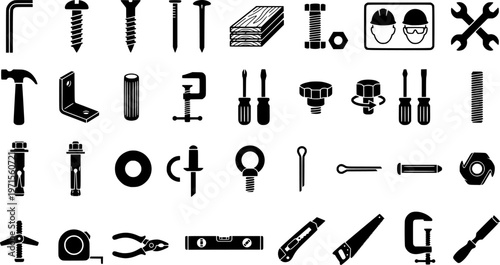 Set of line art tools and fasteners for construction and diy projects
