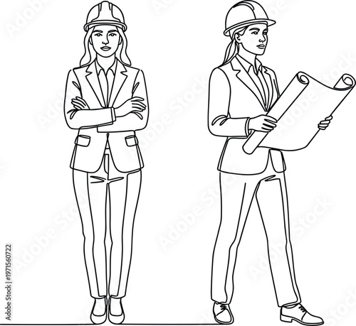 Female engineer with helmet holding blueprint and standing confident professional construction worker line art vector illustration