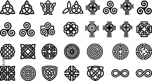 Diverse collection of celtic symbols and patterns on white background
