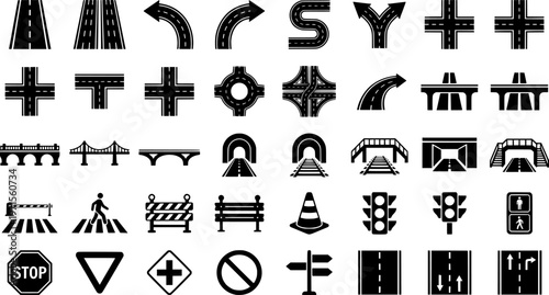 Set of nine black traffic and roadway symbols including signs and structures
