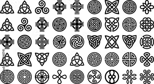 Diverse collection of celtic symbols and patterns on white background
