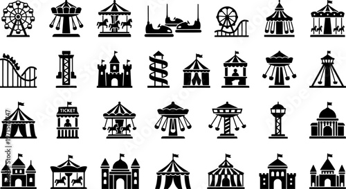 Amusement park icons: ferris wheel, carousel, roller coaster, slide, bumper cars
