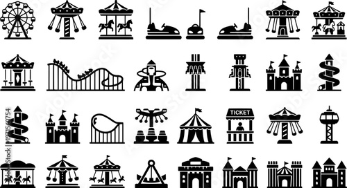 Amusement park icons: ferris wheel, carousel, roller coaster, slide, bumper cars
