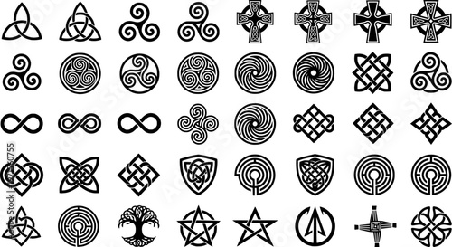 Diverse collection of celtic symbols and patterns on white background
