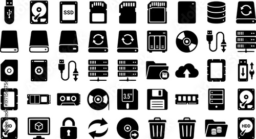 Digital storage icons: usb, hard drive, ssd, sd card, server, cloud
