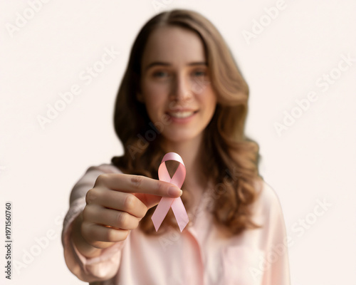 Woman holding pink ribbon supporting breast cancer awareness and research