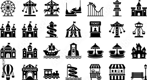 Amusement park icons: ferris wheel, carousel, roller coaster, slide, bumper cars

