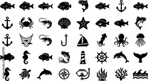 Marine life icons: fish, crab, shrimp, shell, starfish, squid, anchor, net, octopus
