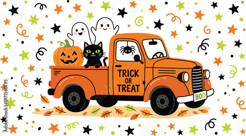 Halloween truck with pumpkins ghosts and black cat trick or treat festive autumn cartoon vector illustration
