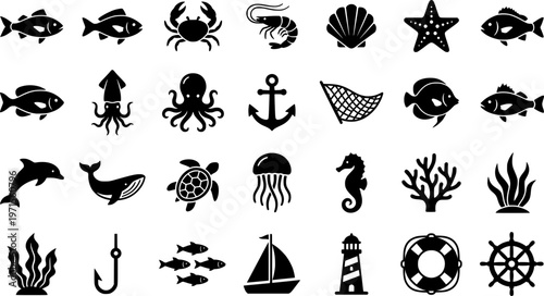 Marine life icons: fish, crab, shrimp, shell, starfish, squid, anchor, net, octopus
