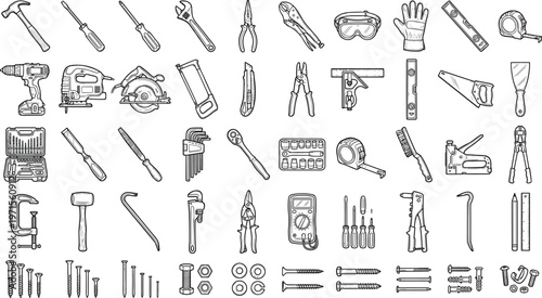 Hand tools collection with hammer screwdriver pliers saw drill and construction equipment detailed outline vector illustration set