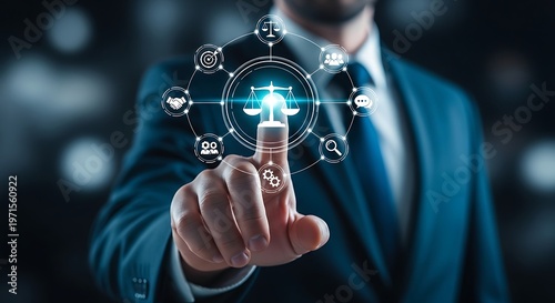 Business Professional Using Digital Interface With Legal And Network Icons.