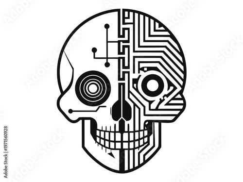 A cybernetic skull with integrated circuit patterns replacing the right half of the face