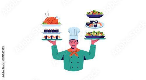 Friendly professional chef character holding multiple dishes of turkey sushi and salads for restaurant dinner service.