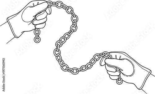 Hands holding chain illustration concept of connection control strength and restriction minimal line art vector design
