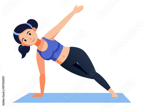 Woman performing a plank yoga pose on a mat with extended arm