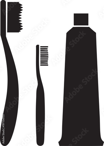 Black silhouettes of two toothbrushes and toothpaste tube, personal hygiene items, isolated on white