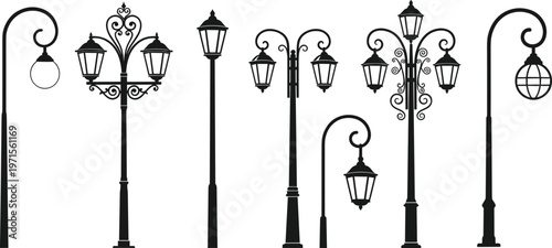 Set of vintage street lamp silhouettes, classic lantern posts collection, urban lighting elements illustration for city design isolated background