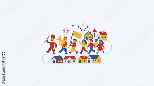 Cartoon Parade of People Walking Through a Village