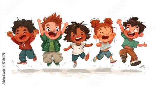 A group of happy children jumping in the air with joyful expressions on their faces