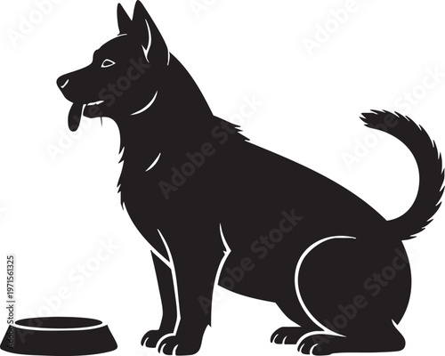 German shepherd dog sitting with food bowl pet care logo and animal service identity graphic