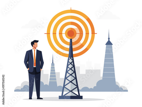 Two professionals discussing near a modern telecommunication tower and skyline