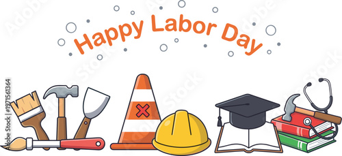 Happy Labor Day illustration with tools helmet books and construction elements celebration of workers professions vector design