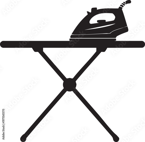 Ironing board with iron domestic appliance for ironing clothes and laundry household chore symbol