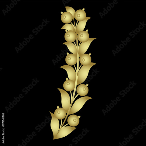 Stylized branch with leaves and fruits or berries. Folk style. Golden glossy silhouette on black background.
