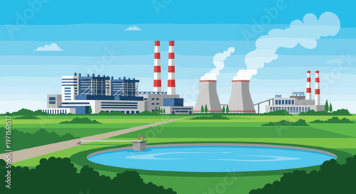 Large industrial power plant with smoking chimneys is situated in a wide green field under a clear blue sky next to a water pond.
