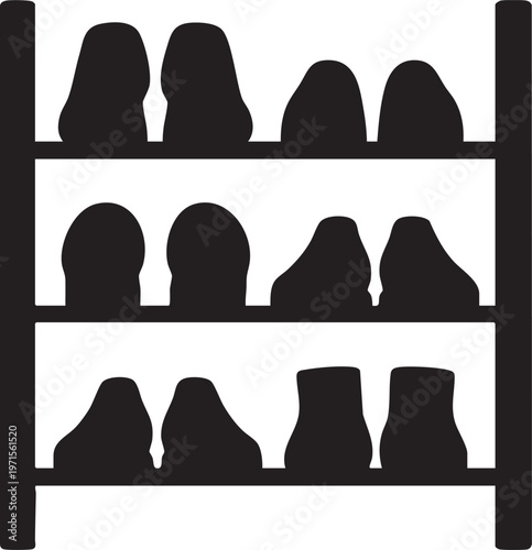 Shoe rack silhouette logo with various footwear types, storage organizer design