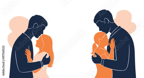 Silhouette illustration depicts a man and woman in a romantic embrace against a minimalist white background with soft orange accents.