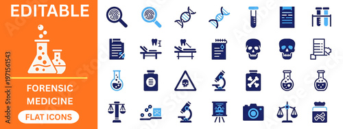 Forensic medicine and criminology flat icons collection. Fingerprint magnifier, dna helix, skull, microscope, toxic sign, evidence bag, camera