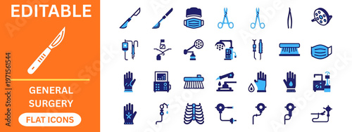 General surgery and operating room flat icons collection. Scalpel, surgical scissors, medical mask, forceps, operation lamp, sterile gloves