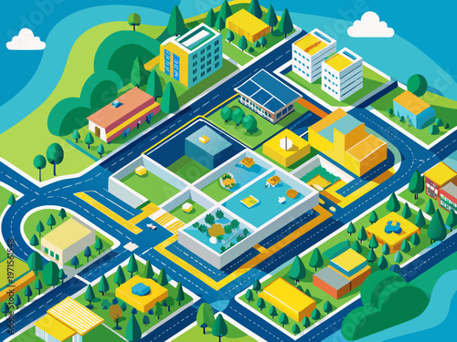 Aerial view of a futuristic city with interconnected buildings and transportation networks