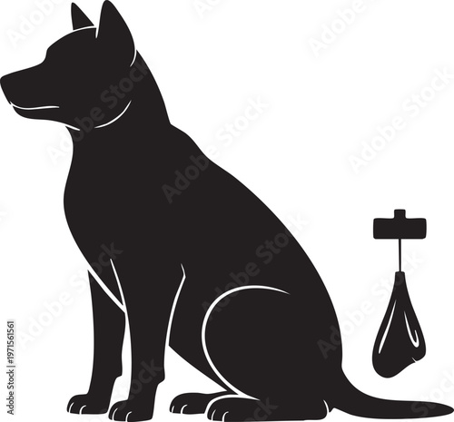 Sitting dog silhouette with leash and bag icon, black dog illustration on transparent background